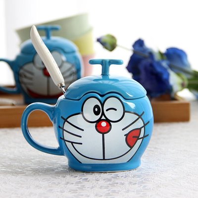 【熱賣精選】【帶蓋帶勺】哆啦A夢叮當貓創意卡通杯子陶瓷馬克杯水杯