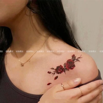 新款紅色玫瑰紋身貼防水女持久紋身貼小清新花朵性感鎖骨手臂貼紙