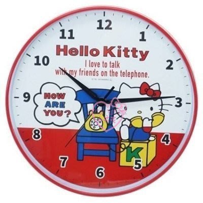 ♥小花凱蒂日本精品♥HelloKitty講電話椅子積木造型連續秒針圓形大數字時鐘掛鐘壁鐘~3