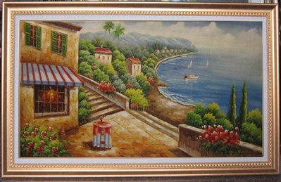 『府城畫廊-手繪油畫』歐風－地中海風景畫－筆法細膩－80x140－(含框價)－有實體店面，請看關於我聯繫－D537