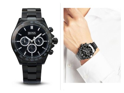 HUGO BOSS Ikon 黑色面錶盤 黑色不鏽鋼錶帶 石英 三眼計時 男士手錶 1512961