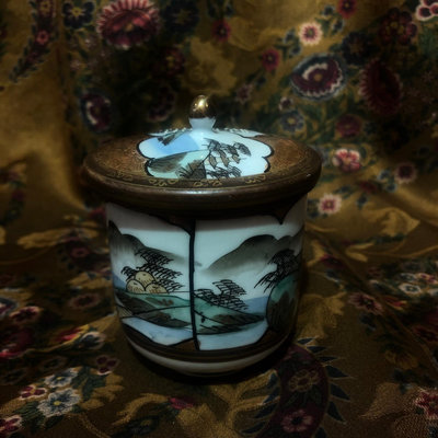 日本回流 古美術 九谷燒手繪描金內繪詩文老蓋杯（大正初期）純