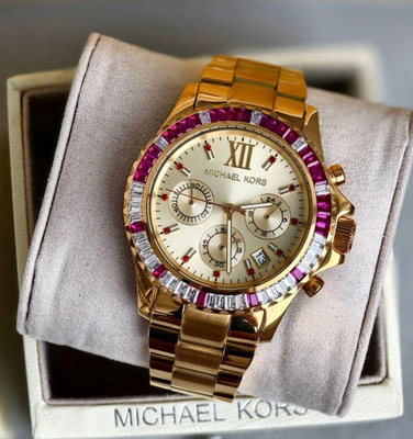 MICHAEL KORS Everest 水鑽圈 金色錶盤 金色不鏽鋼錶帶 石英 三眼計時 女士手錶 MK5871