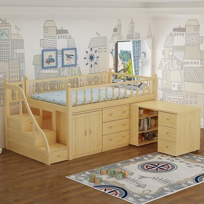 特賣-實木松木兒童半高床帶書桌衣柜多功能組合床高架床上床下桌省空間