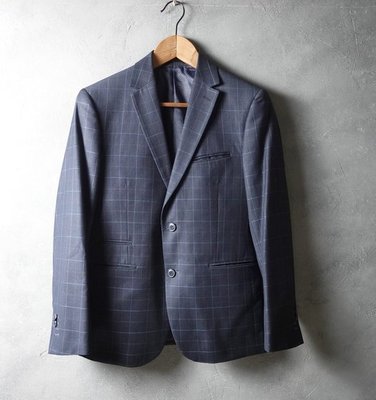 義大利品牌 SST&C 深藍格紋 羊毛混紡 合身版 休閒西裝外套 44A