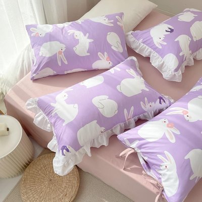 @悅悅小家 爆款兔兔Maidens  原創設計全棉枕套枕頭枕芯罩荷葉花邊 粉紫的少女心