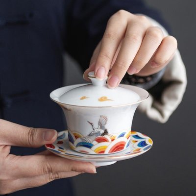 熱銷 器氏 仙鶴蓋碗家用琺瑯彩陶瓷功夫茶具三才泡茶碗防燙單個敬茶碗 可開發票