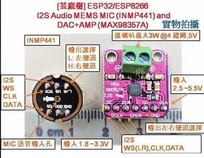 [芸庭樹] INMP441 I2S MEMS MIC 麥克風 MAX98357A 3W 喇叭放大器模組 ESP32