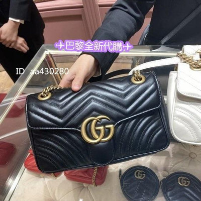 GUCCI 古馳 GG Marmont 黑色波浪紋 肩背包 26CM 鏈條包 肩背包 手提包 443497