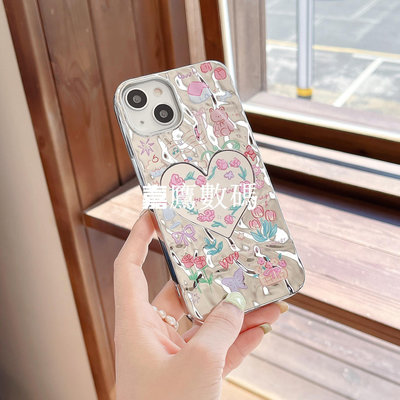 玫瑰花朵小熊適用iPhone14pro max蘋果15手機殼12/13電鍍愛心鏡面