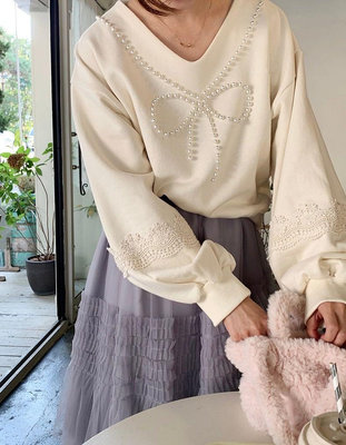 韓國V領 蕾絲釘珠蝴蝶結長袖棉衣