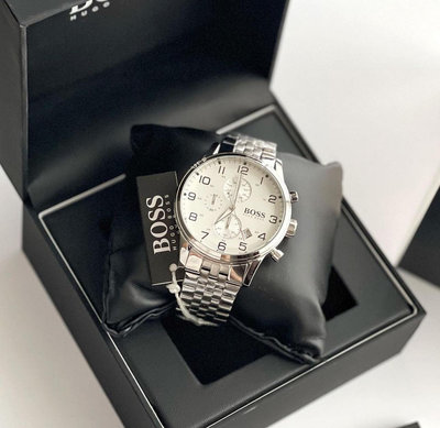 HUGO BOSS Aeroliner 白色錶盤 銀色不鏽鋼錶帶 石英 三眼計時 男士手錶 1512445