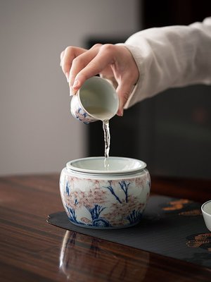 現貨熱銷-瓷古莊 青花瓷建水茶洗缸小號 釉中彩中式家用水盂廢水缸茶渣缸