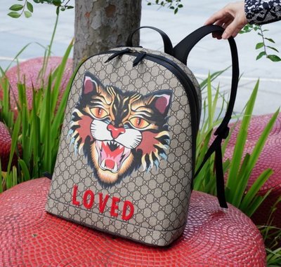 Gucci 419584 Angry Cat print GG Supreme backpack 野山貓後背包