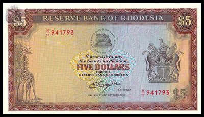 珍品收藏閣非洲全新UNC羅德西亞5元1978年版津巴布韋前身外國錢幣紙幣評級66
