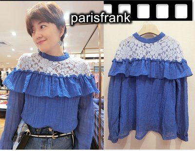 parisfrank~~品牌 showcase 超浪漫 荷葉邊手袖 精緻蕾絲拼接 高質感 棉麻造型上衣(F號)