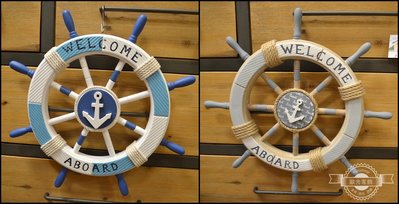 海洋風welcome(小) 木製船舵造型壁飾 藍白色刷舊掛飾 直徑45公分鄉村風海灘地中海風牆面裝飾品標示牌【歐舍家飾】