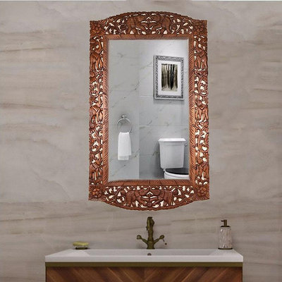 星星館 泰國柚木雕花鏡框門廳臥室洗手間衛生間化妝鏡房間試衣鏡墻上壁飾LJ
