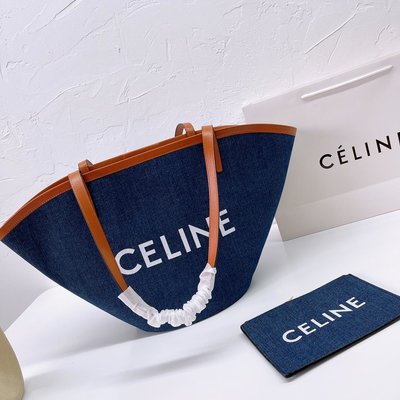 現貨-Celine Soft16 Tote包 水桶包新品購物袋 牛仔藍單肩包 餃子包 尺寸：28 31cm 含購證簡約