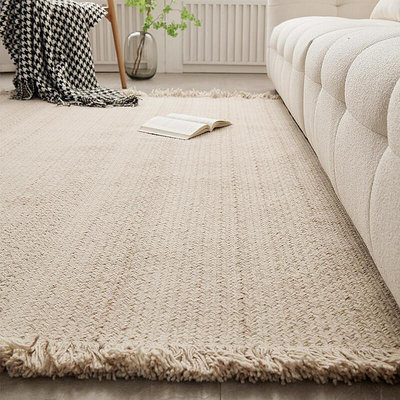 羊毛編織地毯客廳北歐簡約奶油侘寂茶幾墊臥室床邊毯無膠流蘇款