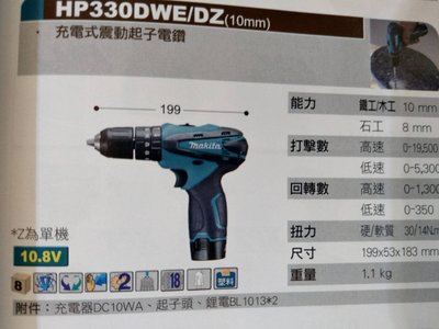牧田 HP330DWE 充電式震動起子電鑽