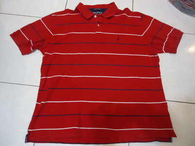 NAUTICA 紅色白藍細紋短袖Polo休閒衫,尺寸:XL,肩寬:54cm,胸寬:64cm,少穿,特價大出清
