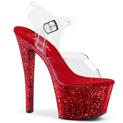 Shoes InStyle《七吋》美國品牌 PLEASER 原廠正品透明金蔥厚底高跟涼鞋 有大尺碼『紅色』