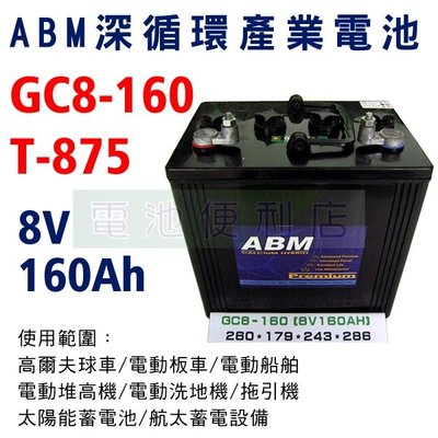 [電池便利店]ABM GC8-160 T-875 8V 深循環電池 電動堆高機、高爾夫球車、電動洗地機、高空作業車