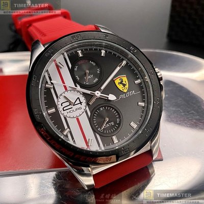 FERRARI手錶,編號FE00068,42mm黑圓形精鋼錶殼,黑色三眼, 中三針顯示, 運動錶面,紅矽膠錶帶款