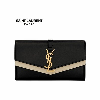 Saint Laurent Paris YSL  ( 黑色×米色×金屬金色) 拼色 撞色 真皮 兩摺長夾 皮夾 錢包｜100%全新正品｜特價！