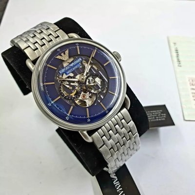 EMPORIO ARMANI 藍色鏤空錶盤 銀色不鏽鋼錶帶 男士 自動機械錶 AR60024
