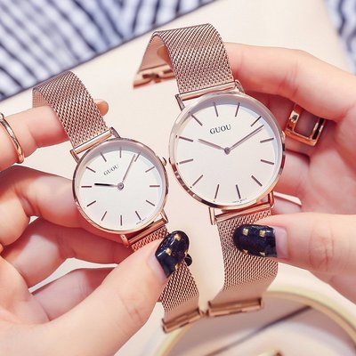 新款手錶女 百搭手錶女GUOU古歐新品時尚潮流情侶石英手錶簡約大錶盤復古風情侶鋼帶對錶