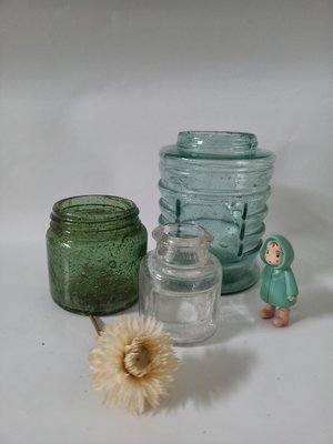 早期老玻璃瓶日本漿糊罐透明膠玻璃瓶/懷舊復古風格擺飾3個一起（1095）