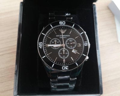EMPORIO ARMANI 黑色錶盤 黑色陶瓷錶帶 三眼計時 男士手錶 AR1421