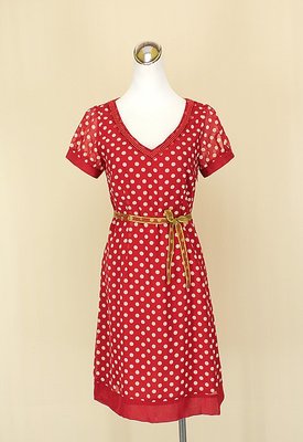 貞新二手衣 wanko 專櫃 紅色點點V領短袖雪紡紗洋裝S(34號)(15081)