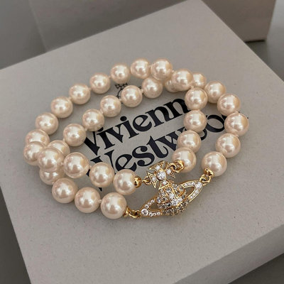 英國知名設計師品牌Vivienne Westwood經典土星雙層珍珠磁釦手鍊 代購