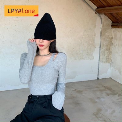 女裝上衣長袖復古黑色修身 T 卹百搭純色短褲【LPY#lone】