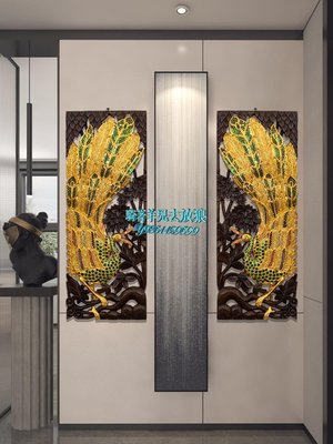 泰國木雕工藝品壁掛東南亞風格墻面裝飾畫掛件泰式金箔孔雀雕花板