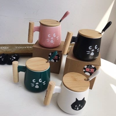 Nya日本ne-net驚訝貓木把手柄陶瓷馬克杯咖啡杯蓋匙勺三件套禮品