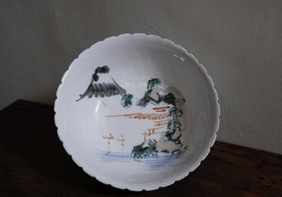 台灣 早期 老碗盤 手繪山水紋碗公