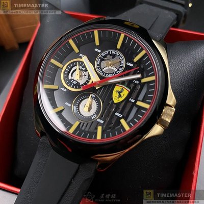 FERRARI手錶,編號FE00047,44mm黑金色錶殼,深黑色錶帶款