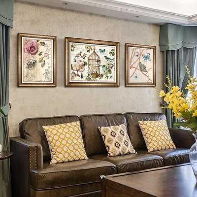 美式三聯裝飾畫客廳沙發背景壁畫花鳥餐廳走廊壁畫懷舊~特價
