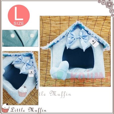 日本KOJIMA 夢幻系麂皮絨感點點高級 藍色王子房屋造型寵物床 貓狗窩L號【Little Muffin小馬芬】