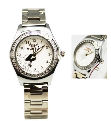 【卡漫迷】 六折特價 米妮 鐵錶 蝴蝶結 白水鑽 ㊣版 Minnie 手錶 鋼錶 米老鼠 女錶 卡通錶 不鏽鋼錶
