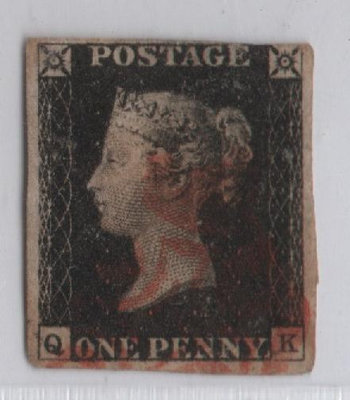 DD05-1840年全世界第一枚郵票-黑便士-QK字軌,三寬邊,銷紅色馬爾他十字戳