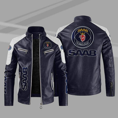 公路之王SAAB印皮夾克獅子logo 高檔機車皮衣外套 車標皮衣夾克 防風皮衣外-水水精品衣櫥