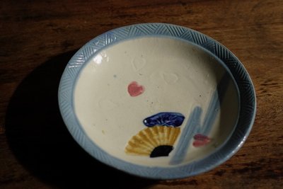 台灣/早期/老碗盤/手繪/扇子藍紋胭脂小盤