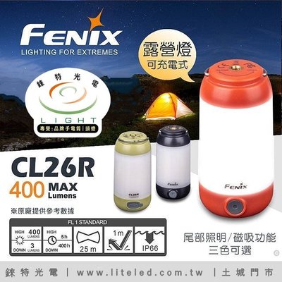 【錸特光電】FENIX CL26R 標配原廠18650電池 400流明 USB充電 輕巧露營燈 側半邊向下照明 紅光閃