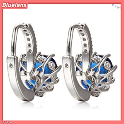 女士鍍18K白金+寶石藍心形水鑚鋯石環狀耳環-一點點