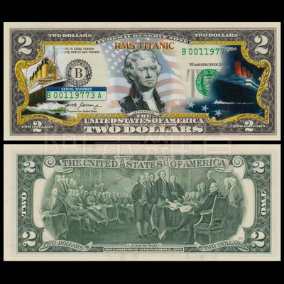 麥擱問阿 彩色版真鈔 鐵達尼號 2美元 1912年 沈船 冰山 郵輪 美國 美金美元 混合塑料 鈔票 美國 非現行流通